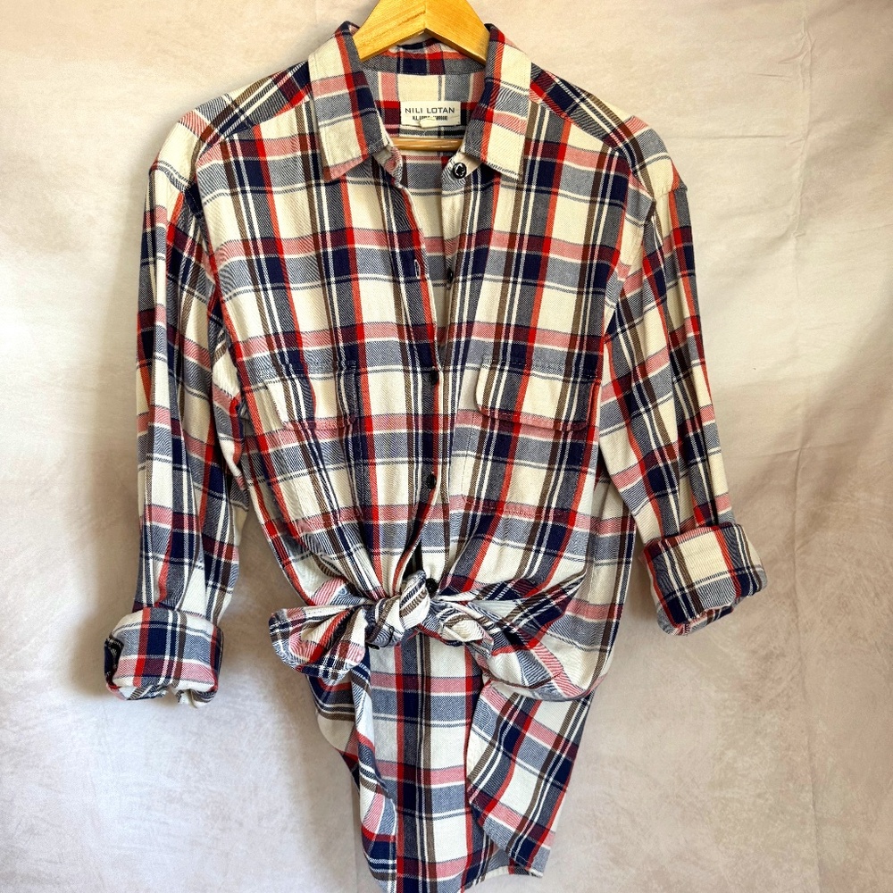 Nili Lotan Flannel Plaid Button Down Shirt Blue Red Size L